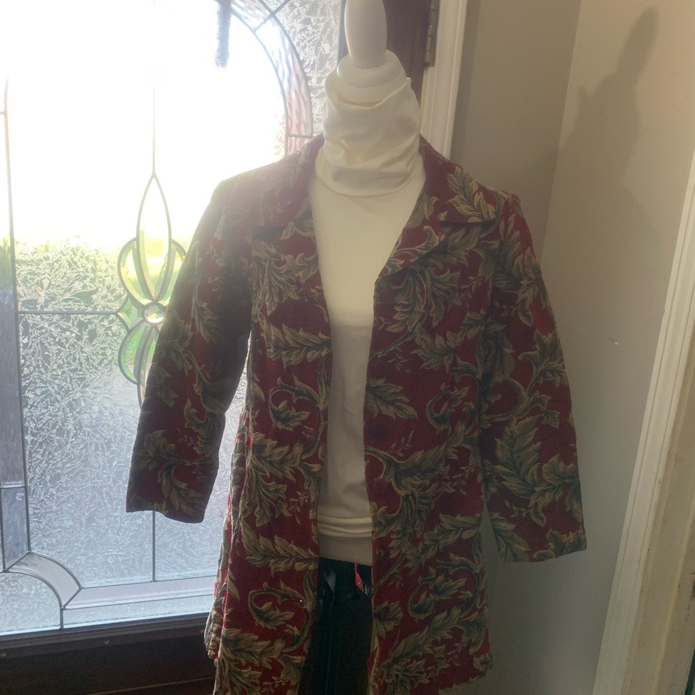 Get into this PORTRAIT brand, dark floral tapestry button front coat blazer.